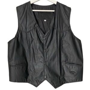 BRANDED GARMENTS Vintage Vest Black Leather w Camel Cigarettes Logo Biker Men XL